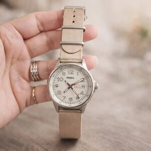 Fossil Metallic Leather Strap Watch, Silver Face With Rose Gold Color Strap